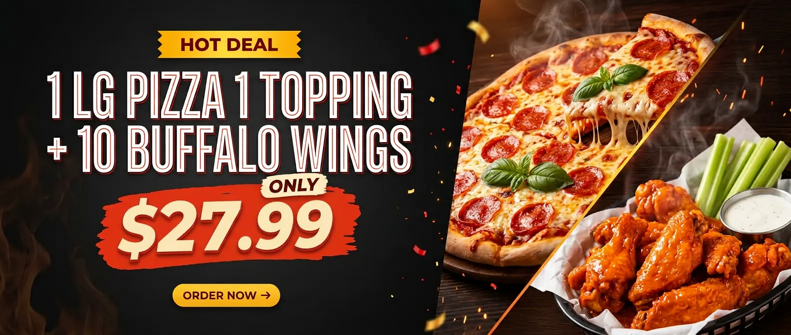 Hot Deal: 1 Lg Pizza (1 Topping) + 10 Buffalo Wings for $27.99