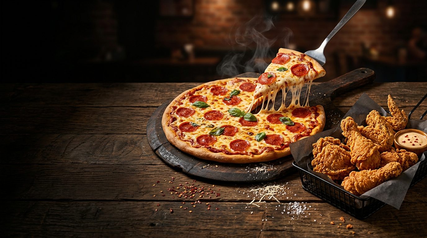 Fresh pizza, fried chicken and buffalo wings